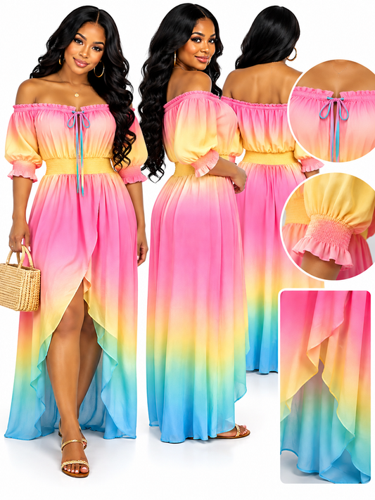 Women's Rainbow Ombre Off-Shoulder High-Low Maxi Dress 💕