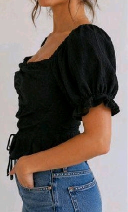 🖤 Women's Black Puff Sleeve Peplum Top | Ruched Front Blouse