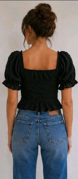 🖤 Women's Black Puff Sleeve Peplum Top | Ruched Front Blouse