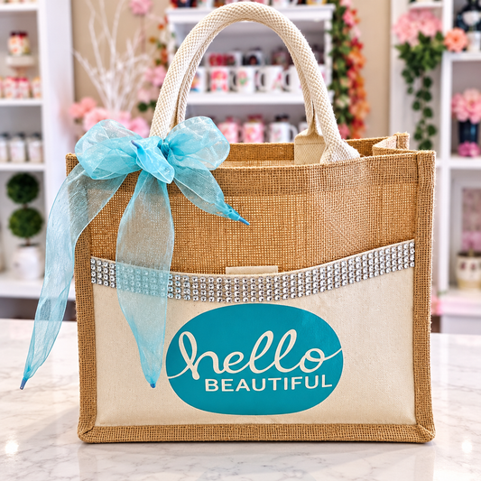 Hello Beautiful Rhinestone Jute Tote Bag – Aqua Bow 💎