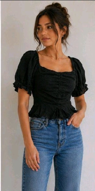 🖤 Women's Black Puff Sleeve Peplum Top | Ruched Front Blouse